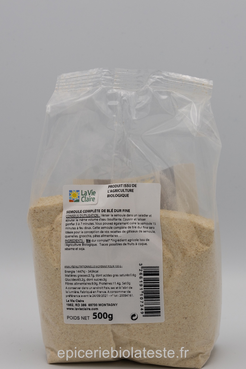 Semoule complète de blé dur bio – 500 gr : Céréales, graines et  légumineuses bio MARKAL alimentation bio - botanic®